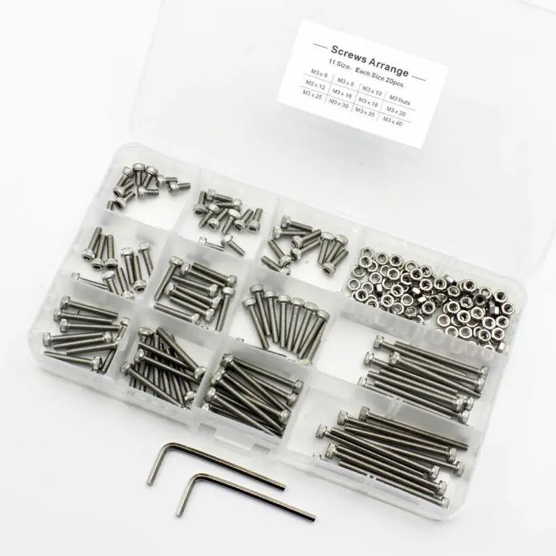 

M3 Hex Head Socket Cap Screws Nuts Assortment Set Kit Cylindrical Allen Bolts Stainless Steel 220 pcs/box