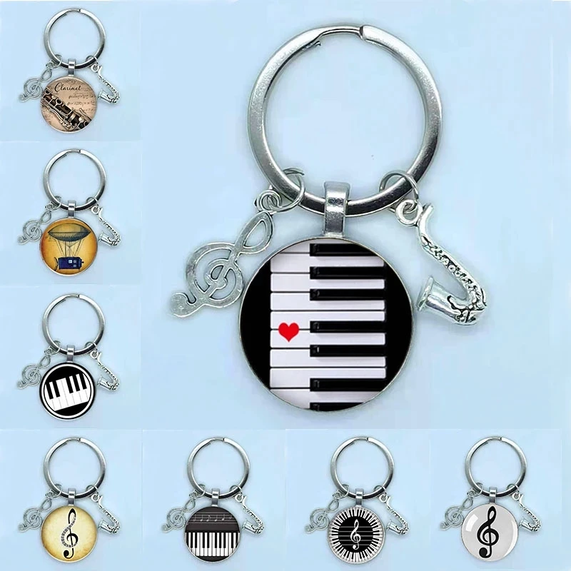 

New Heart Shaped Piano Love Pendant Round Glass Keychain Convex Piano Keyboard Glass Dome Music Lovers Gift Jewelry Keychain