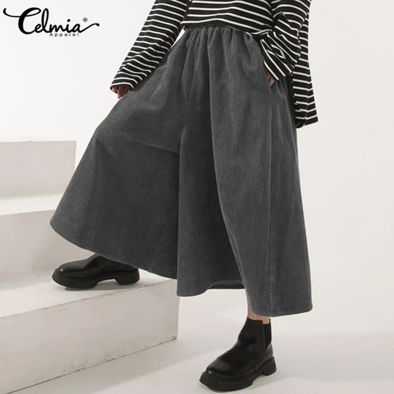 2021 Winter Corduroy Trousers Celmia Women Fashion Autumn Elastic Waist Wide Leg Pants Casual Loose Pantalon Femme 7 | Женская одежда