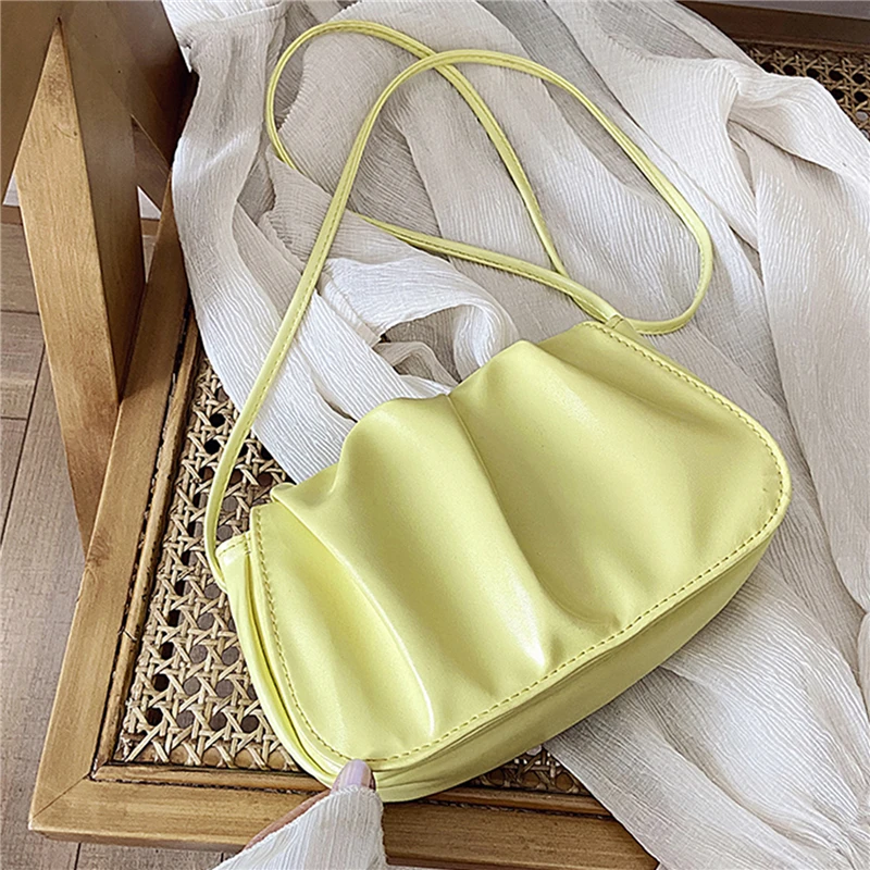 

Vintage Women Pleated Thick Chain Shoulder Underarm Bag Casual All-match Ladies Small Handbag Purse Pure Color Square Bags