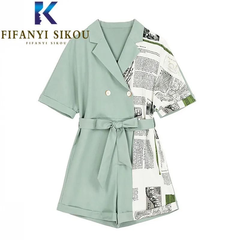 

Fashion Patchwork Jumpsuit Women Summer Short Sleeve Lapel High Waist Rompers Female Casual Wide leg Short Pants Print Overalls