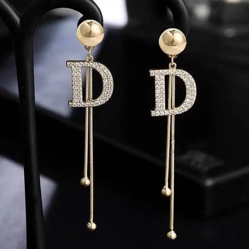 

925 New Fashion Temperament Full Diamond D Letter Long Earrings Korean Pearl Earrings High-End Bridal Earrings Tassel Earrings