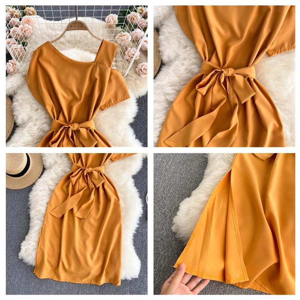 

Women Casual Summer Sexy Dress Fashion Solid Basic Elegant Midi Dresses One Shoulder Bandage Female Robe Office Lady Vestidos