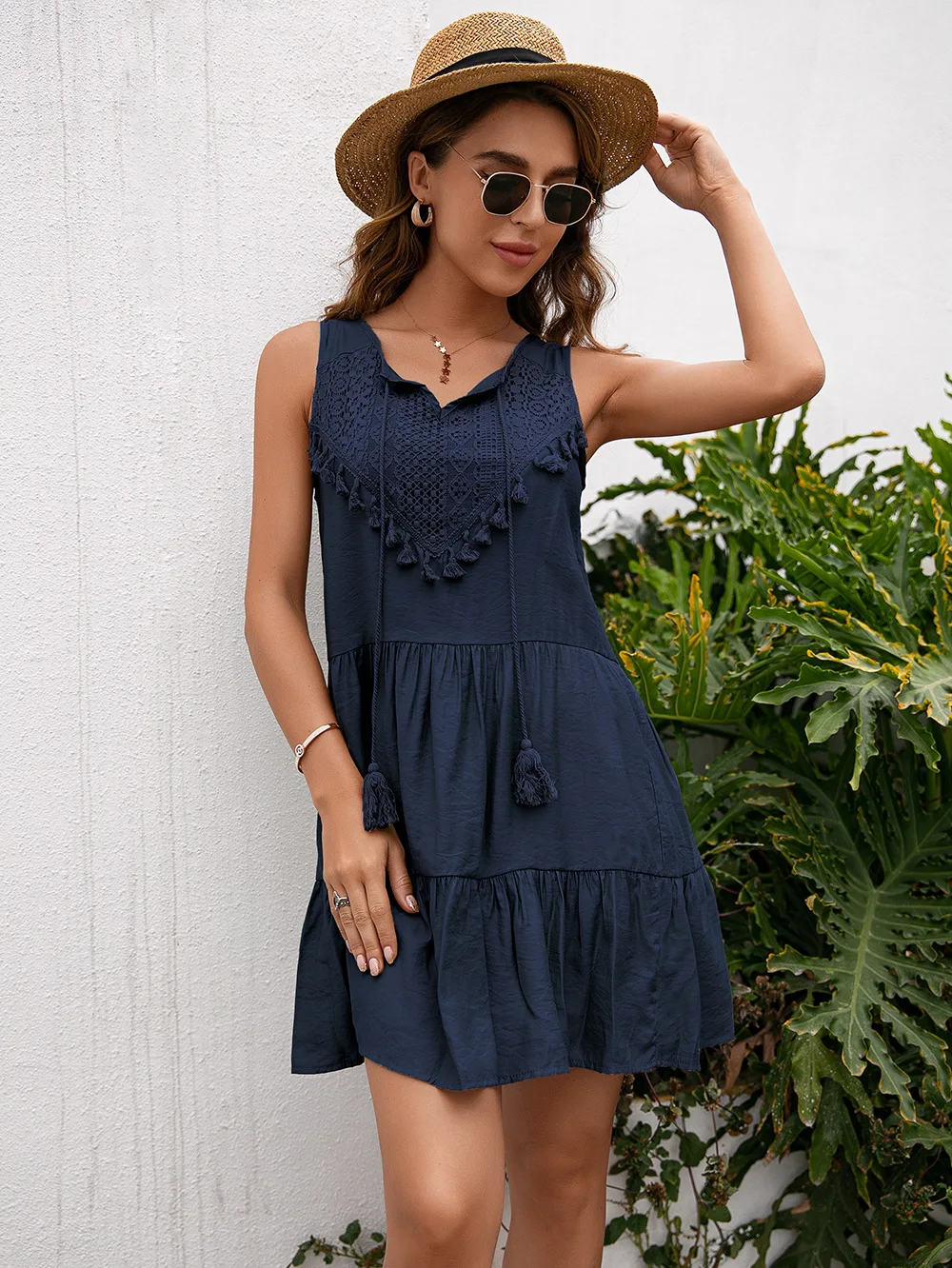 

Free Shipping Summer Light Green V-Neck Vest Pleated Dresses Women Nice Cute Pretty Sleeveless Dress Ladies Fashion Tassel Dress