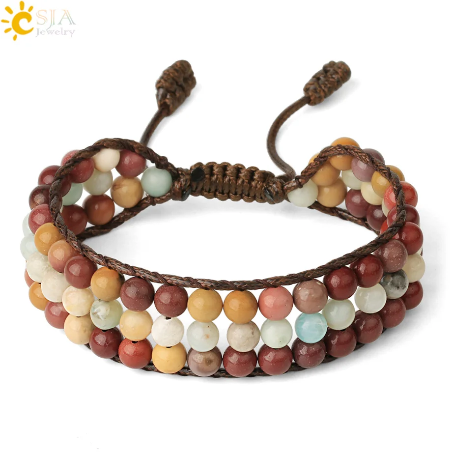 Плетеный браслет CSJA многослойный из натурального камня Амазонит бирюза для