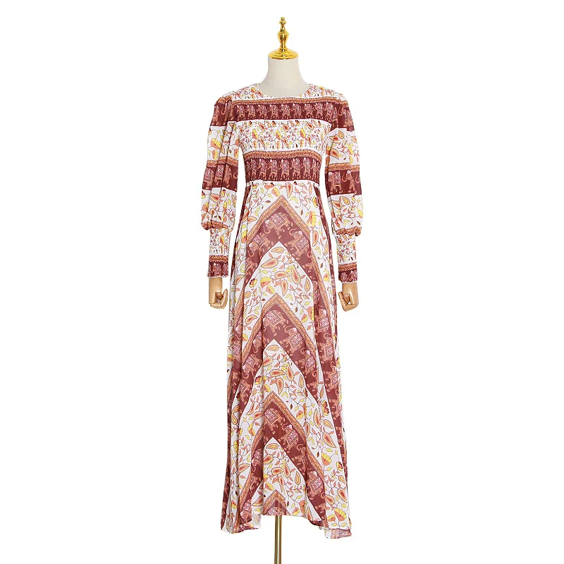 

Retro elephant printed long sleeve dress women's new waist slim temperament long large pendulum skirt