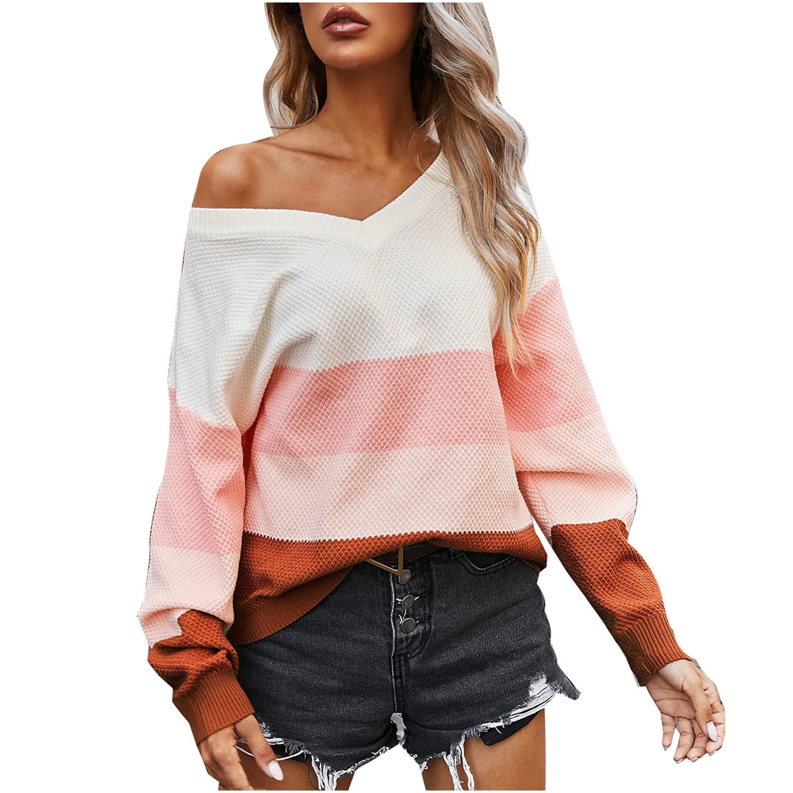 

Women's V Neck Loose Casual Long Sleeve Stripe Color Sweater Matching Tops Comfortable High Quality Mujer Suteres