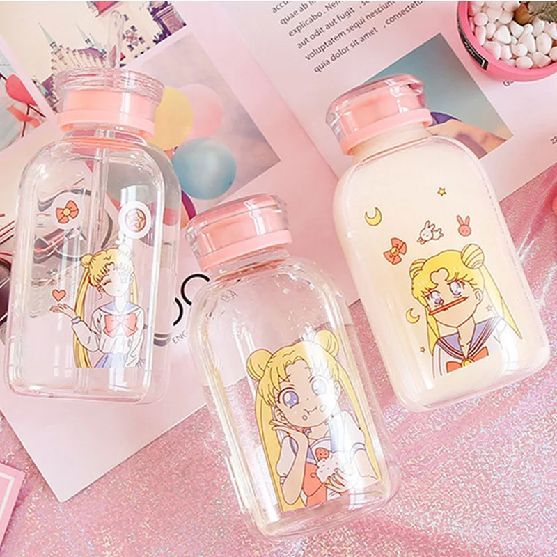 

Creative 450ml Sailor Moon Water Cup Glass Kawaii Water Bottle Eco Friendly Glass With A Straw Glasses Cute Drink Bottle Cups