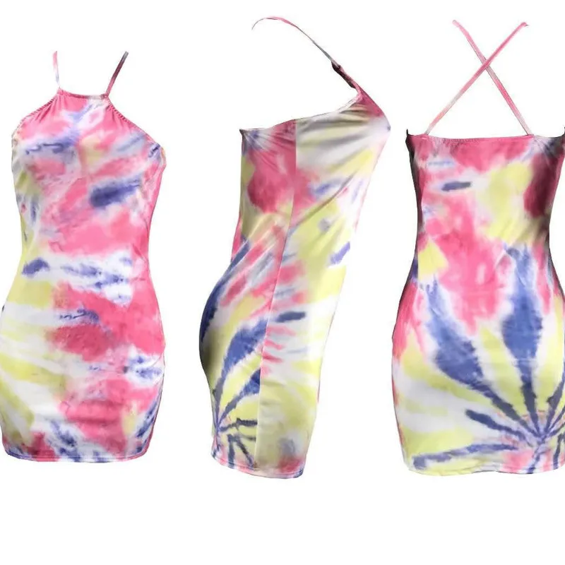 

Sexy Halter Tie Dye Mini Dress Women Spaghetti Strap Dresses Summer Fashion 2020 Streetwear Neon Slim Skinny Dresses Backless
