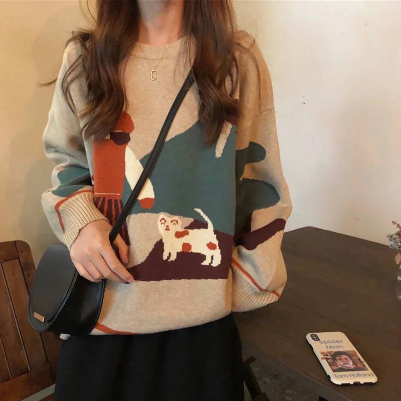 20120 Autumn Winter New Bear Women Sweater Loose Cartoon Thicken Pullovers Jumper Female Kawaii Cute Knitted Tops | Женская одежда