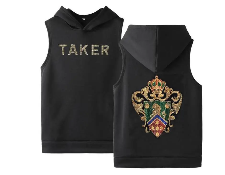 

2021 Hooded Jacket Men Casual Hoodies Coat Rhinestone Sweatshirts Sleeveless Men's Vest