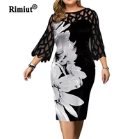 rimiut women plus size fashion autumn dresses casual office lady printed flower lace dress black party big size mini dress