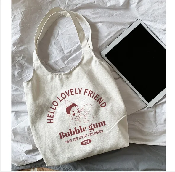 

New Women Canvas Vest Shoulder Bag Big Capacity Cloth Shopping Bags Bubble Girls Ins Reusable Beach Shopper Bag