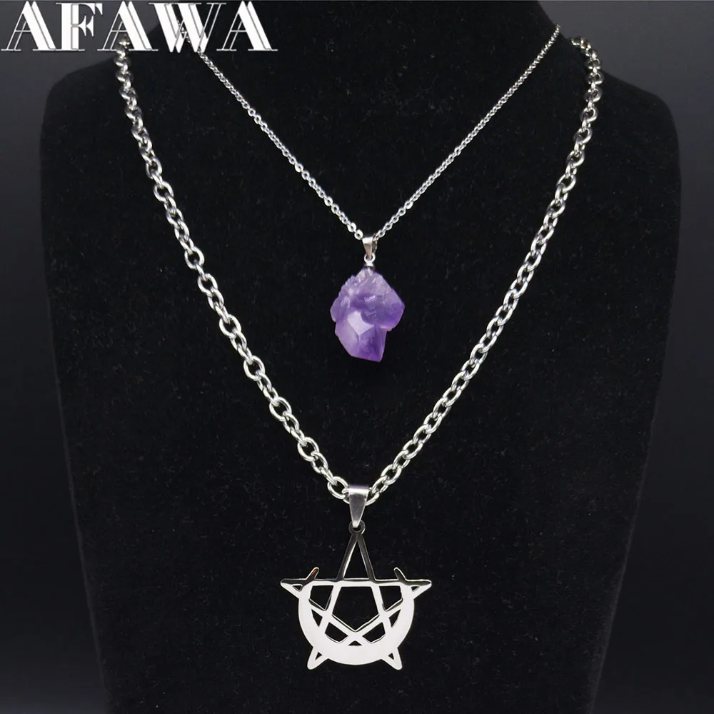 

Gothic Moon Pentagram Necklace Purple Crystal Stainless Steel Silver Color Punk Necklaces Witchcraft Jewelry collares N4136S02