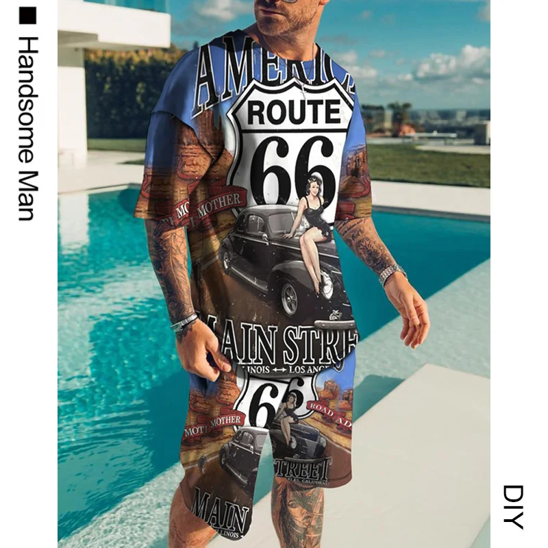 

Повседневный мужской костюм Route 66, футболка простого типа с коротким рукавом и шорты, стильный костюм оверсайз, одного и того же цвета, лето