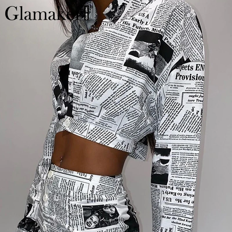 Женская Повседневная куртка Glamaker короткая с принтом газет зима-осень 2020 красивая