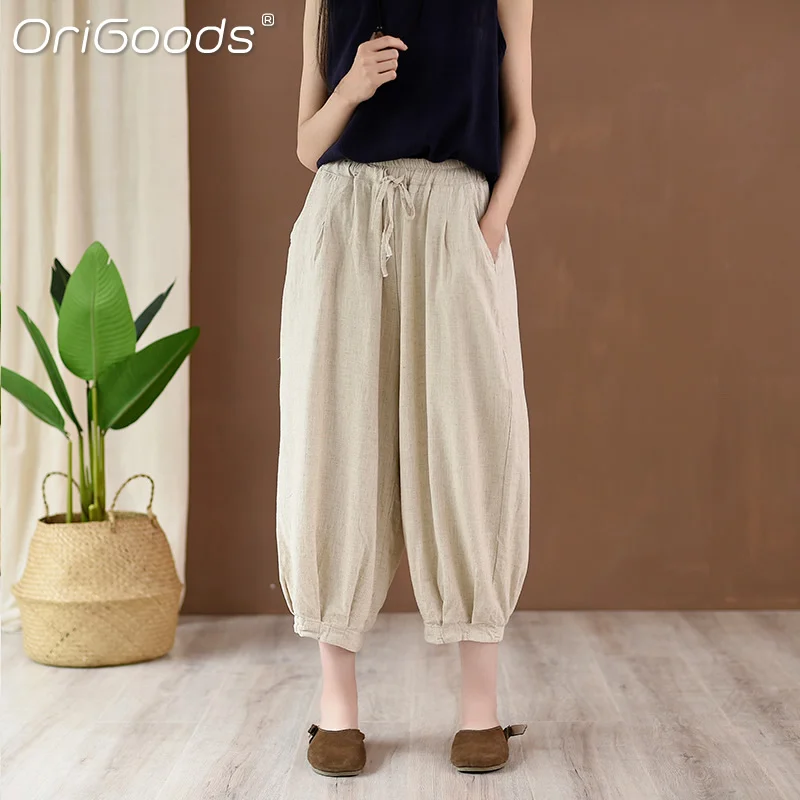 Женские укороченные шаровары OriGoods летние льняные свободные брюки-Капри больших