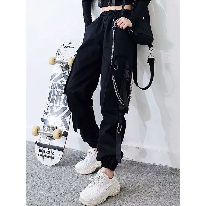 

Women's Cargo Pants Buckle Ribbon Pocket Jogger Elastic Waist High Hip Hop Streetwear Harajuku Pant Chain Females Trousers