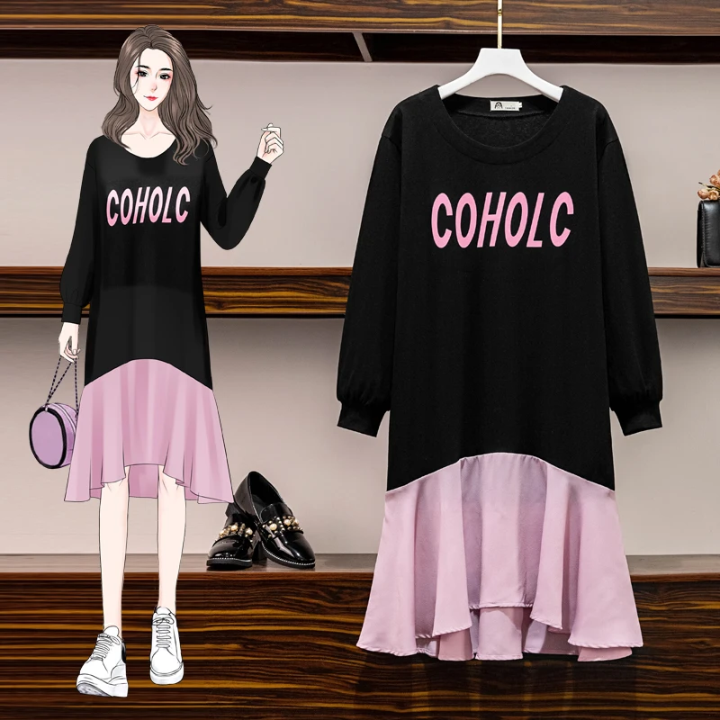 

L-4XL Plus Size Women Ruffle Dress Spring 2021 Fashion Letter Print Long Sleeve Cotton Patchwork Loose Casual Sweatshirt Dresses