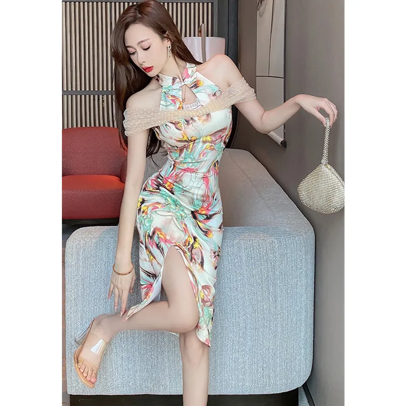 

Real Shot 2021 New Fashion Temperament Sexy Strapless Hanging Neck Printed Cheongsam Daily Improved Dress Women