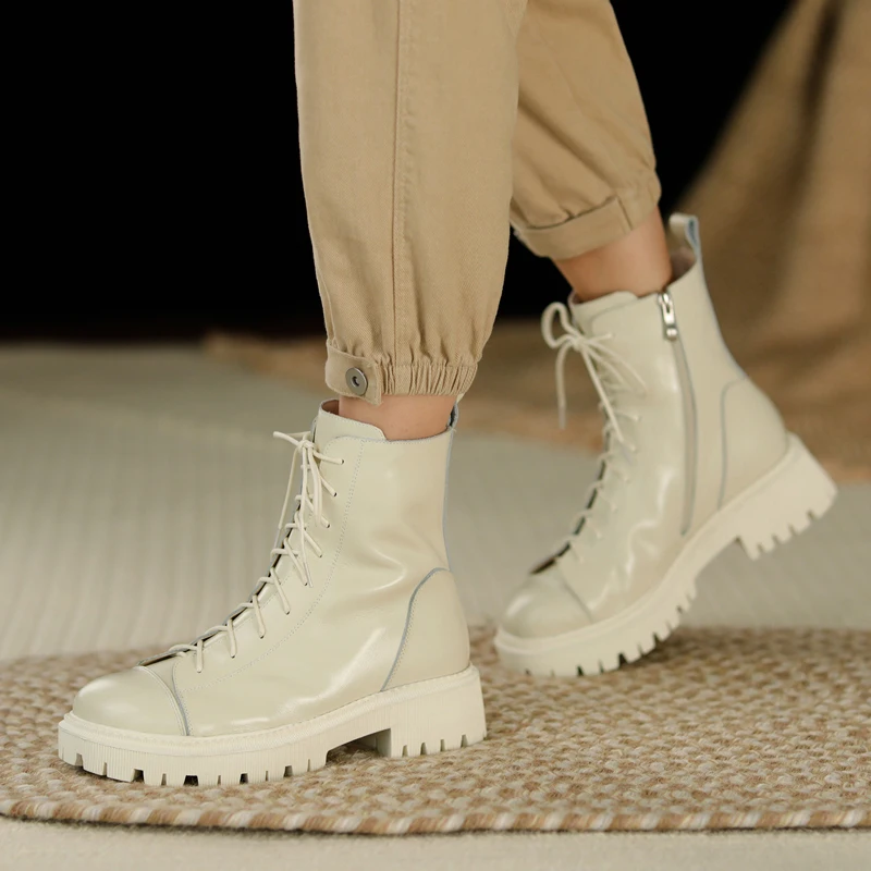 

Punk Women Ankle snow Boots Genuine Leather lace up Motorcycle Shoes Woman High Heels 2020 Fashion Winter ladies Boots