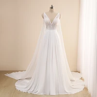 sexy chiffon beach wedding dress 2021 sleeveless v neck long shawl bohemian lace bride dresses a line bridal gown