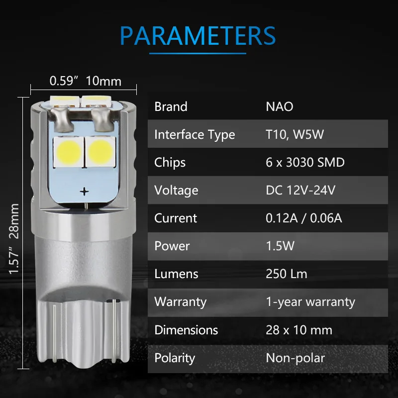 NAO светодиодный W5W T10 лампа 1 5 W 3030 SMD 12V 24V Панель Лампа 194 Автомобильный задний