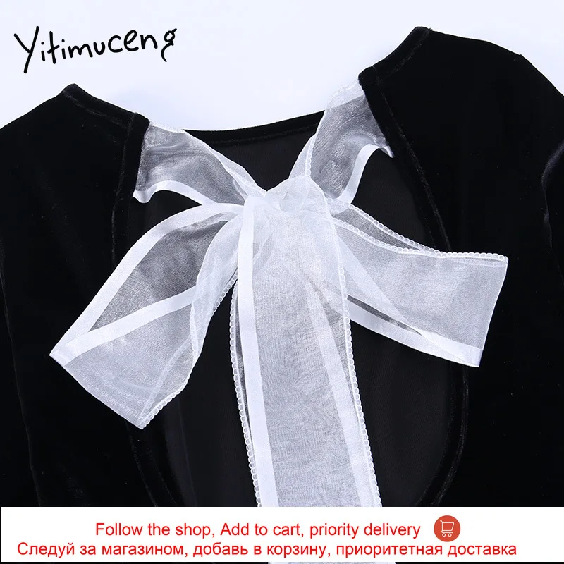 

Yitimuceng Fitted Bandage Bow Backless Spliced Sexy Dress Partty Club Black Pencil O-Neck Autumn 2021 Regular Dresses New
