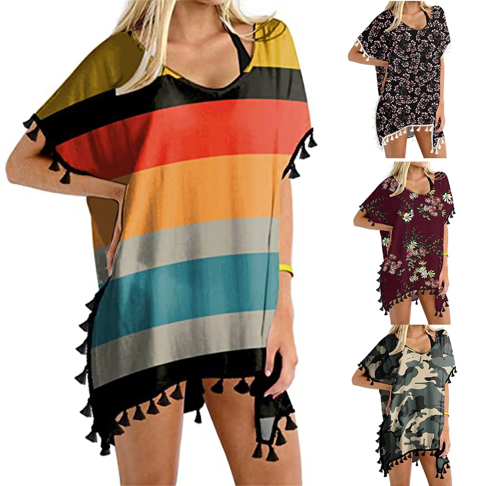 

Striped Print Chiffon Tassels Beach Dress Women Swim Suit Bathing Suit Cover Up Tunic Sarongs Blouses Swimwear Female Pareo Tops
