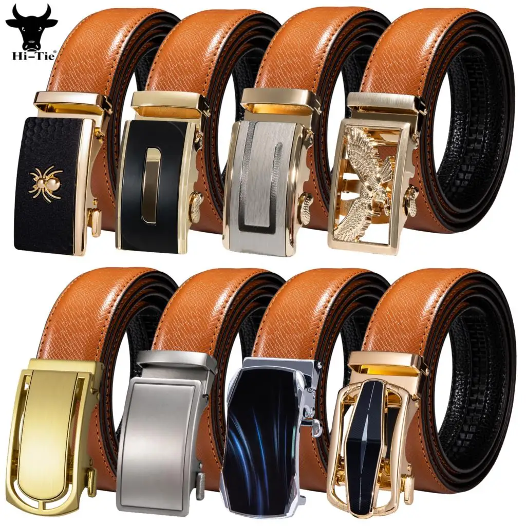 Top Quality Orange Brown Leather Mens Belts Automatic Buckles Ratchet Cowskin Waistband Belt For Men Dress Jeans Casual Wedding