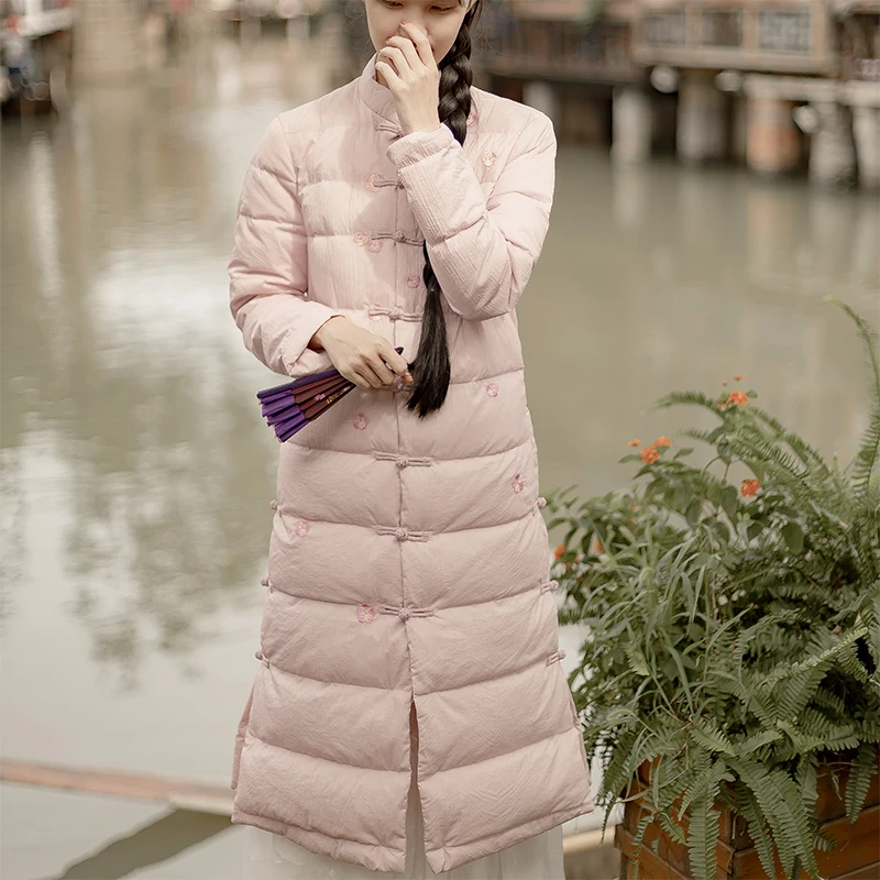 2021 Winter Women Long Down Coat Chinese Style Slim White Duck Down Jacket  Pan Buckle Stand Collar 90% Down Jakcet