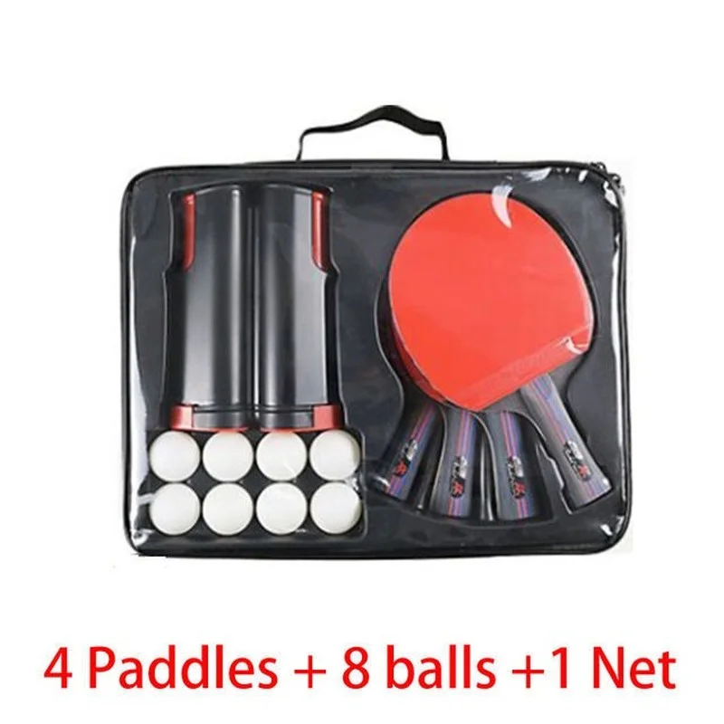 

Professional Double-sided rubber Table Tennis Racket Set with 4 ping pong paddles + 1 net +8 balls pingpong bat