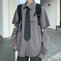 houzhou gray shirts women harajuku detachable sleeve oversized bf gothic blouse with tie vintage streetwear punk autumn shirt