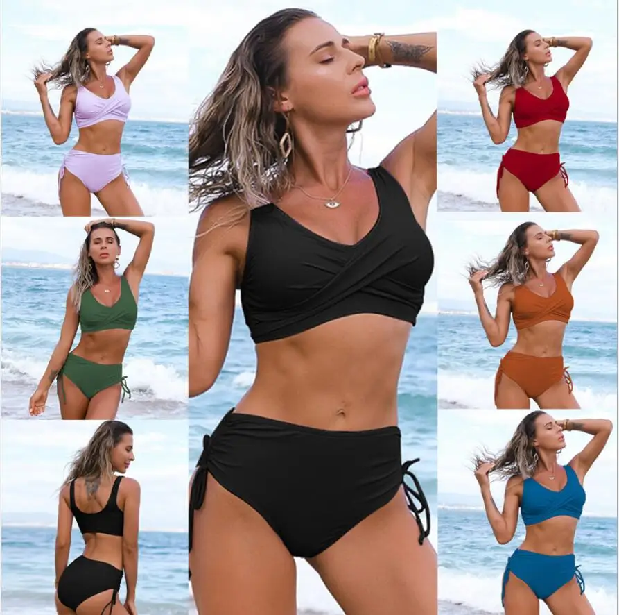 Купальник бикини в новом стиле женское однотонное с высокой талией|Купальники| |