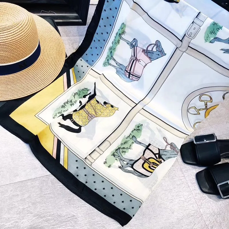 Модный женский шарф роскошный брендовый шелковый с принтом на цепочке