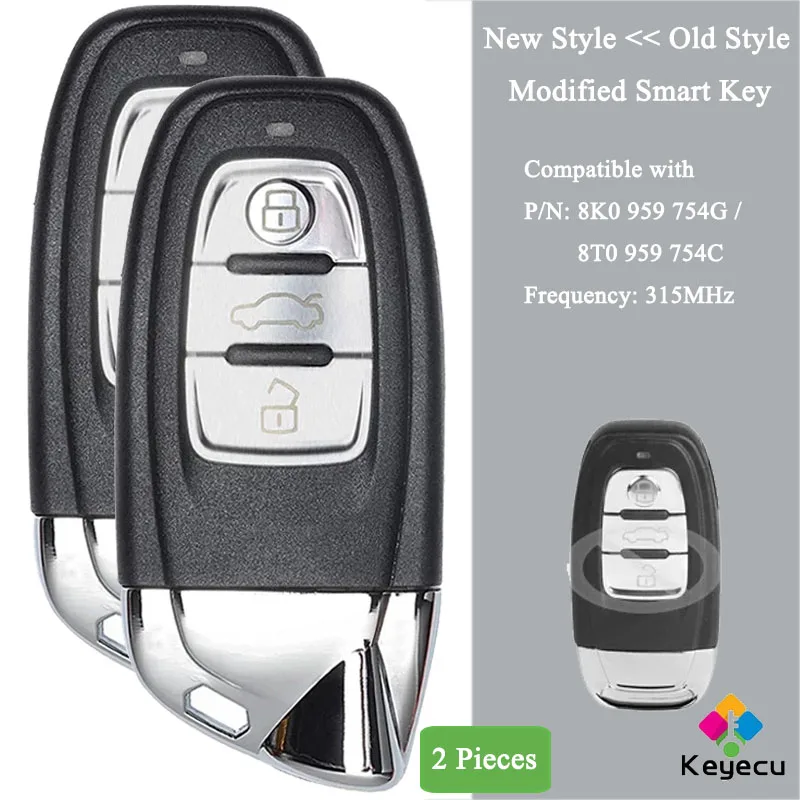 

KEYECU 2 шт. модифицированный умный пульт дистанционного управления с 3 кнопками 315 МГц-брелок для Audi A4 S4 A5 S5 RS5 Q5 Quattro 8T0 959 754C
