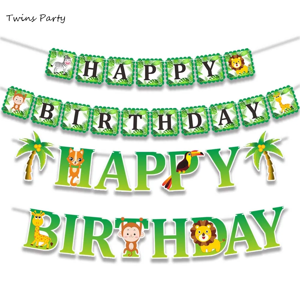 Твинс Тропический Лес животных джунгли баннер плакат &quotс днем рождения&quot Декор