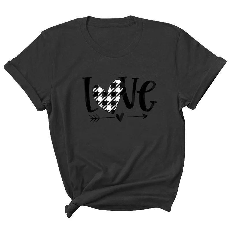 

Plaid Love Letter Print Women T Shirt Short Sleeve O Neck Loose Women Tshirt Ladies Tee Shirt Tops Clothes Camisetas Mujer