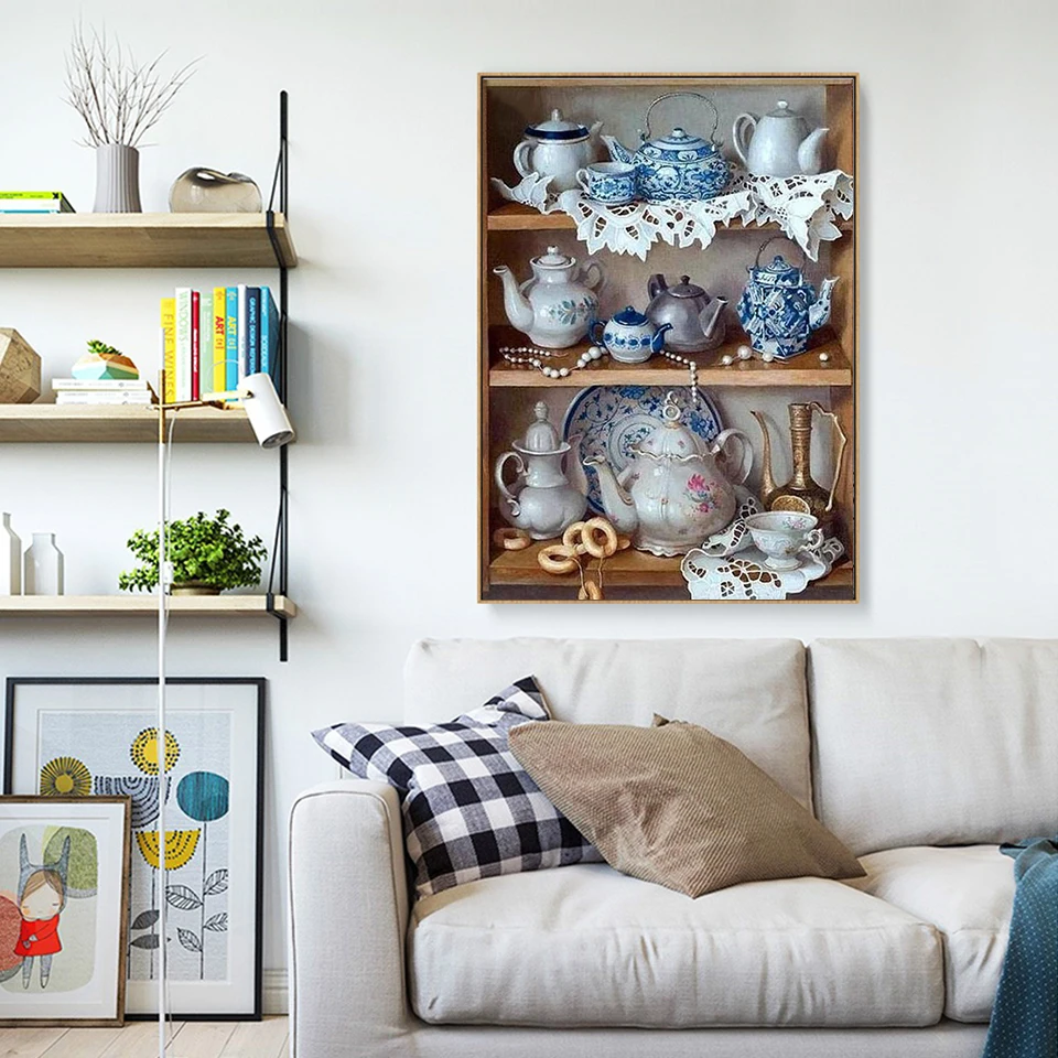 Алмазная вышивка Чайник в ландшафте Рисунок стразами Полное квадратное живопись Стеклянная мозаика Декор кухни a1863.