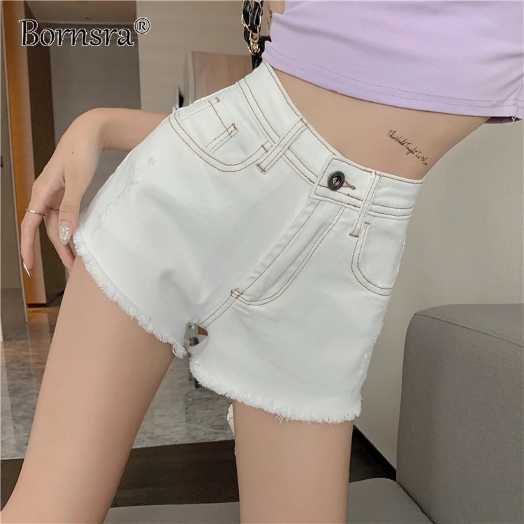 

Bornsra 2021 Chic Frayed Retro Design High-waisted Jeans with Raw Edges and Wide-leg Hot Pants HIGH Woman Shorts Wear