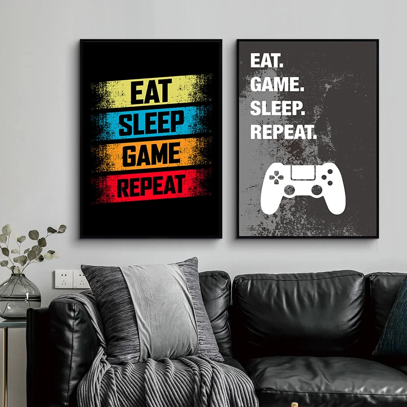 

Eat Sleep Game Repeat Gaming Wall Art Poster Gamer Canvas Painting Poster and Prints for Boys Room Decorative Picture Playroom