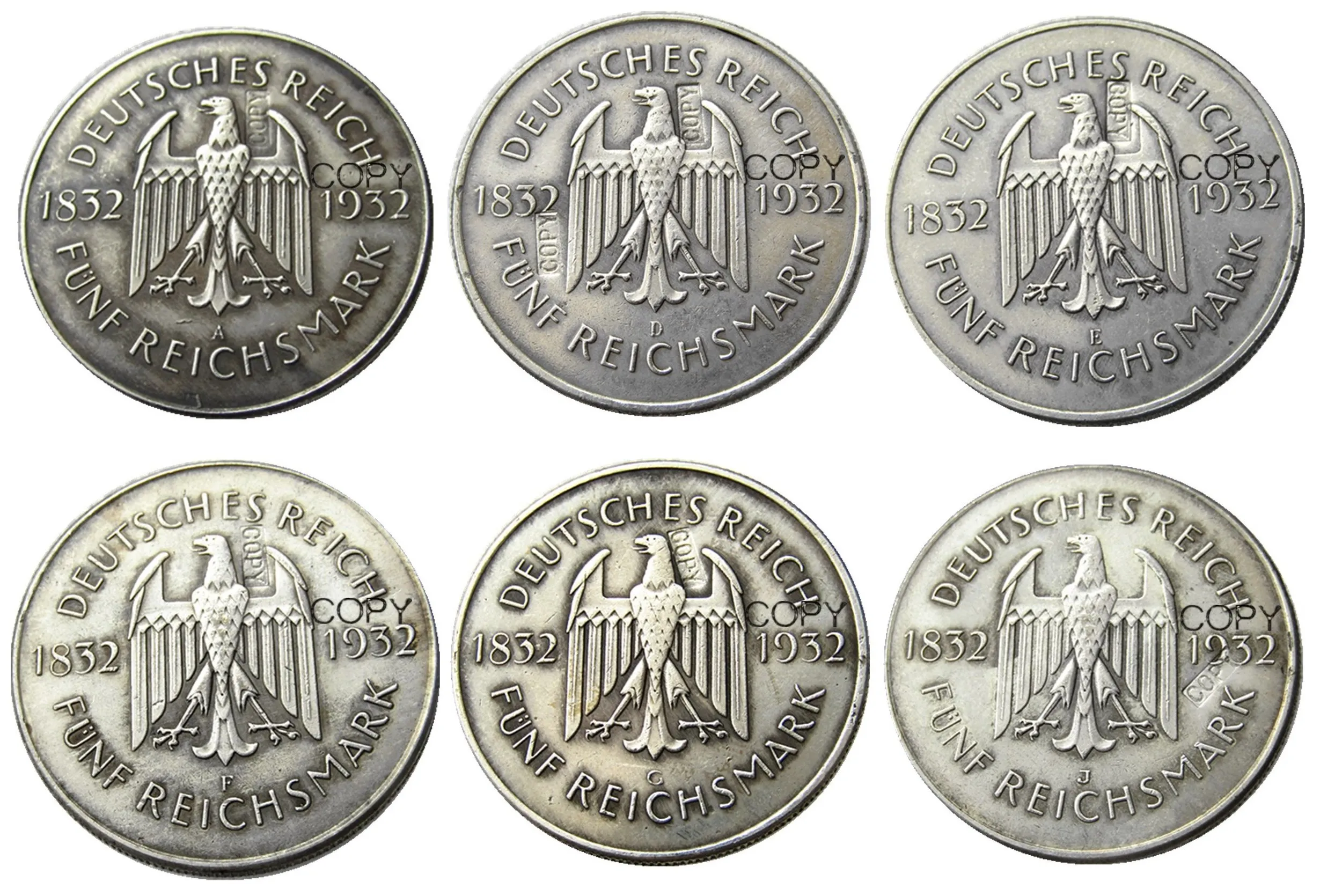 Набор из 1932 г. ADEFGJ 6 шт. Германия 5 посеребренных копировальных монет