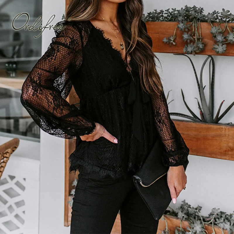

Ordifree 2021 Spring New Women Lace Blouse Shirt Long Sleeve Loose Bow Sexy White Lace Blouse Tops