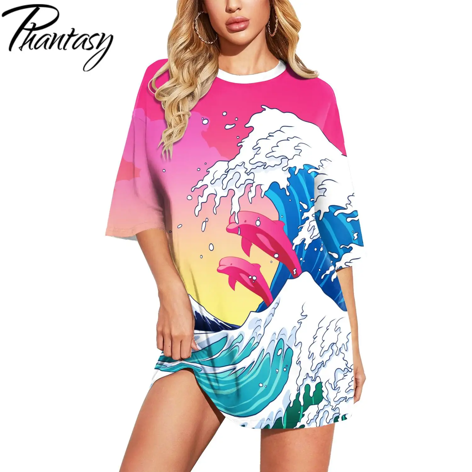 

Phantasy 2022 New Women's T-Shirts Seawaves Printed Short Sleeve Tees Ladies Nightclub Dance Sexy Steerwear Daily Loose Clothing
