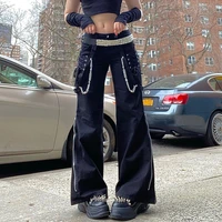 lace up chain design fried street sexy low waist wide leg pants womens drag and handsome street shooting casual trousers