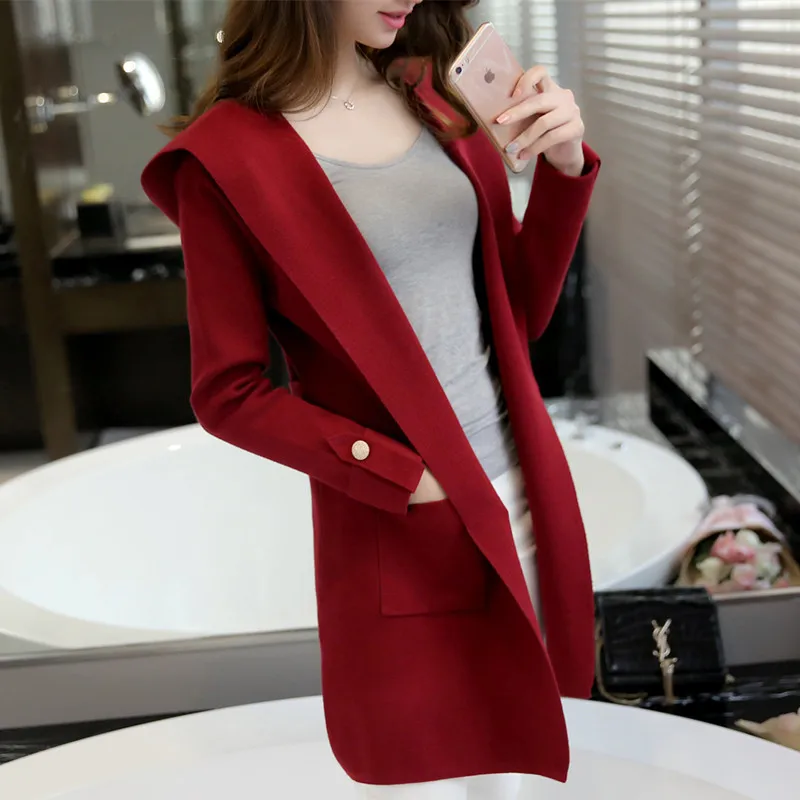 Свободный Женский вязаный кардиган с капюшоном свитер длинный шерстяной Тренч