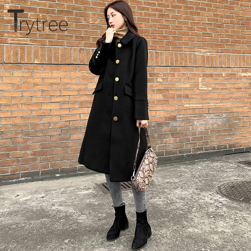 Женское однобортное пальто на пуговицах Ttytree повседневное однотонное черное