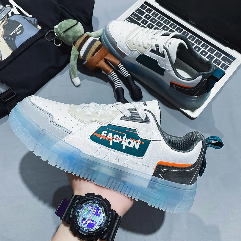 Мужские кроссовки из ПУ кожи с прозрачной подошвой спортивная обувь на плоской