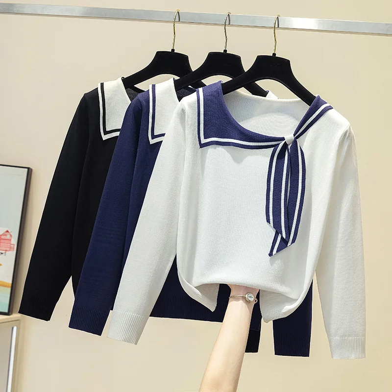 Женский белый свитер в стиле преппи с длинным рукавом вязаный галстук-бабочка