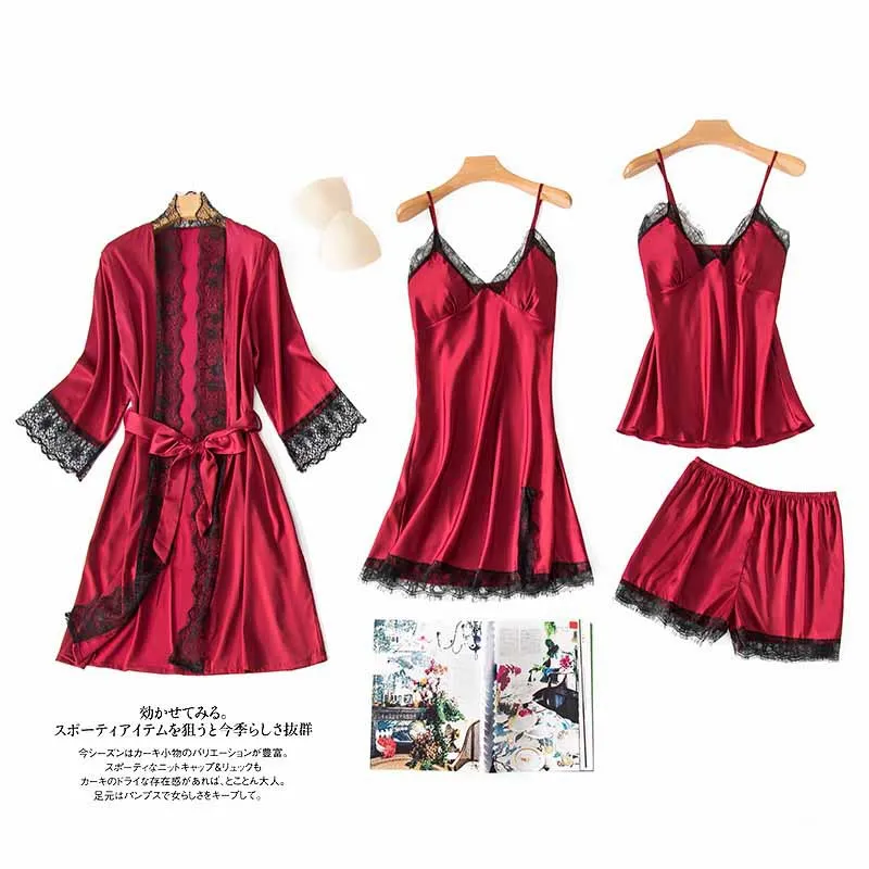 Многоцветная имитация шелка 4 упаковки зимний теплый пижамный комплект женский